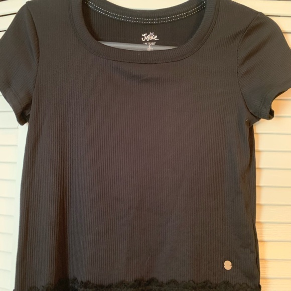 Justice Black Ribbed Tee with Lace Hem - Picture 1 of 7